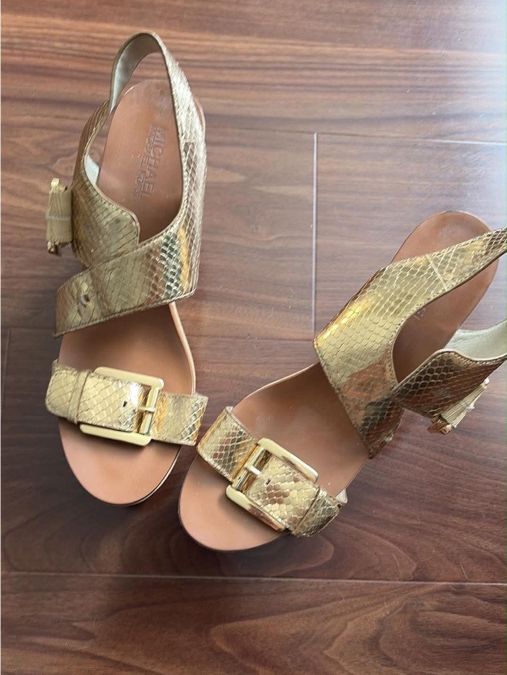 Michael Kors Gold Snake-Print Leather Buckle Slingback Sandals